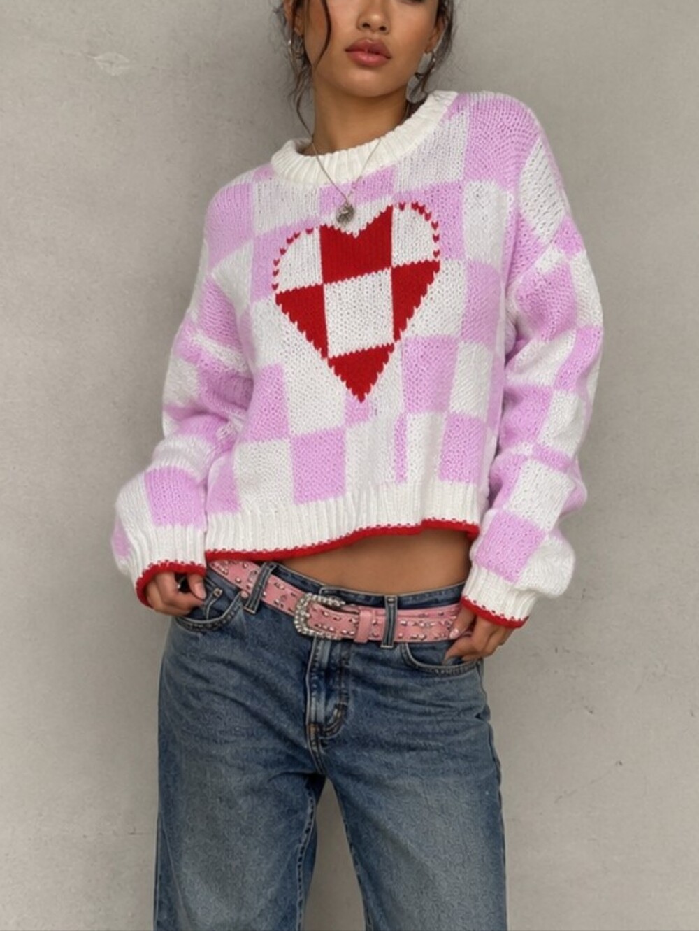 Dreamers Checkerboard Heart Knit Sweater Size M Y2K Coquette